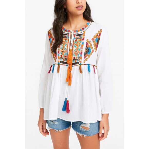 Anthropologie RD & Koko Embroidered Boho Peasant Top Tassel Tie Front M Beach - Picture 1 of 9